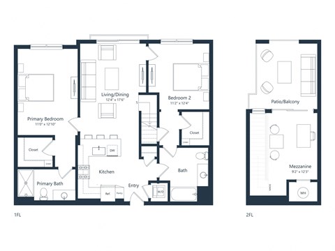 Floor plan for 2 beds, 2 baths, 1304 sqft